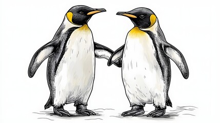 Fototapeta premium of a pair of penguins waddling together across an icy Arctic landscape depicted in a whimsical fine line engraved style The charming black and white seabirds are shown in a playful natural moment
