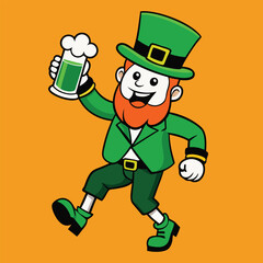 A dancing leprechaun holding-a beer mug with a Green Hat and Shamrock