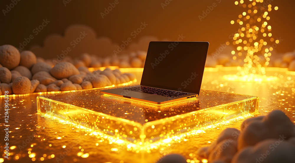 Wall mural a glowing laptop with blank screen sits on a luminous platform surrounded by soft clouds, creating a