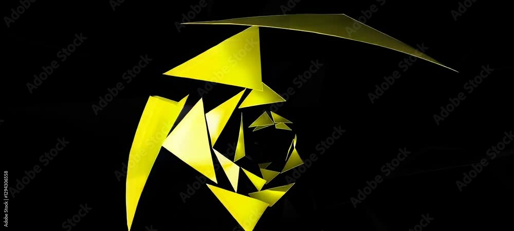 Poster dynamic yellow and black geometric spiral transition with evolving abstract patterns