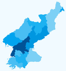Fototapeta premium Map of Dem. Rep. Korea with regions. Just a simple country border map with region division. Light blue color palette. Blank Democratic People's Republic of Korea shape with administrative division.