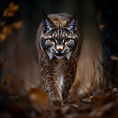 Obraz premium Lynx stalking autumn forest floor