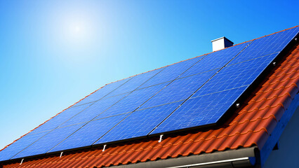 A close-up of solar panels on a modern house rooftop, reflecting sunlight in a clear blue sky