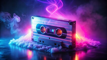 Retro Cassette Tape with Neon Lights and Smoke, 80s Music Nostalgia