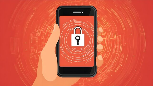 Hand holding smartphone displaying unlocked padlock symbol against a vibrant red digital background