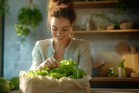 A happy woman unpacks fresh, green lettuce in her kitchen, enjoying healthy eating.