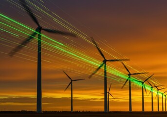 Fototapeta premium Dynamic wind turbines against vibrant sunset with energy trails