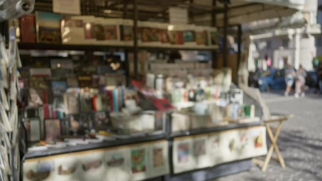 Blurred kiosk with magazines and books on a sunny street offers a defocused view of bustling urban life with pedestrians in the background.