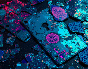 Iridescent shattered identity cards with biometric scan fragments, evoking themes of cyberpunk espionage and digital identity manipulation.