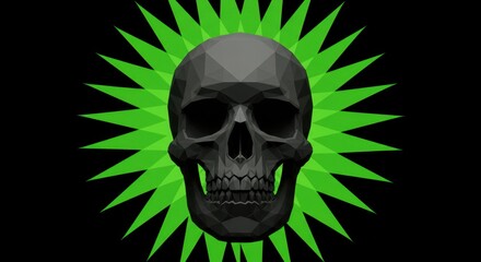 Geometric black skull with green starburst on black background