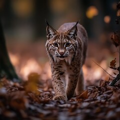 Naklejka premium Lynx Walking Autumn Forest Path