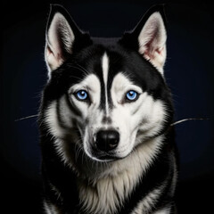 Obraz premium Striking close-up portrait of a Siberian Husky with captivating blue eyes on a dark background 
