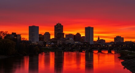 Fototapeta premium Vibrant city skyline against a stunning red sunset reflecting in a river