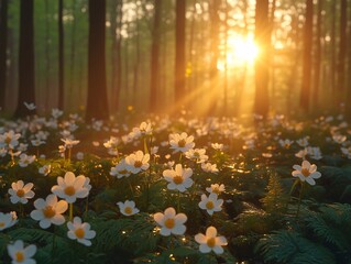 Obraz premium Spring equinox, first sun rays illuminating blooming flowers in magical forest. Generative ai ilustration