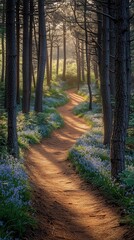 Fototapeta premium Winding woodland trail through pine forest in golden morning sunlight of spring. Generative ai ilustration