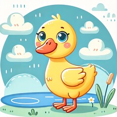 An illustration of a cartoon-style duck standing by a pond against a blue circular background with fluffy white clouds