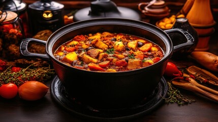 Delicious homemade goulash cooking in a cast iron pot