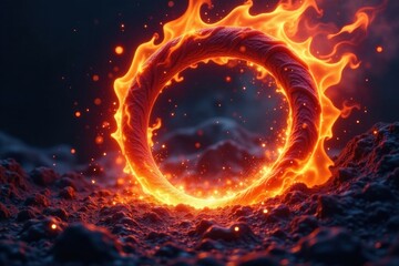 Fiery Ring of Inferno A Burning Circle of Embers Glowing on Dark Volcanic Ash