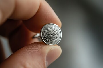 Close-up of a hand holding a silver cufflink with an intricate circular design.