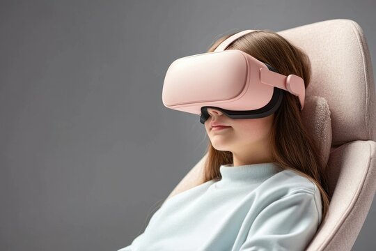 A young girl wearing a pink VR headset, experiencing immersive virtual reality.