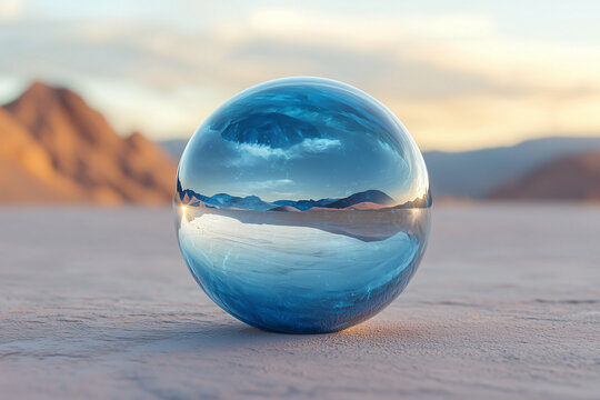 A serene glass sphere reflecting vibrant landscapes, capturing the essence of nature with stunning clarity and depth.