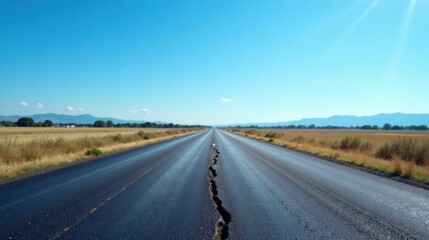 Naklejka premium Asphalt Road Ahead Showing a Crack in the Pavement Extending to the Horizon Under a Clear Blue Sky