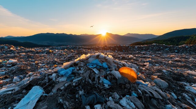 The sun sets over a sprawling landfill of waste, birds soaring above, highlighting environmental challenges and humanity's responsibility.