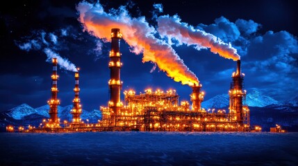 Illuminated industrial power plant facility with towering smokestacks emitting steam and smoke against a dramatic night sky with dark clouds