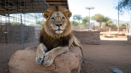 A majestic lion rests confidently on a rocky perch, exuding power and grace in its natural habitat, while the sunlight highlights its mane.