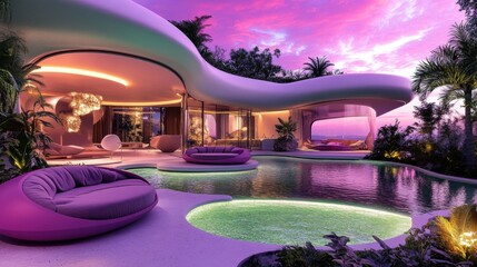 Futuristic mansion interior with pink and purple sunset illuminating modern architecture and lush garden details