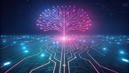Futuristic circuit tree with glowing neon pink and blue lights, symbolizing technology, AI, and digital growth. Abstract tech innovation and data network concept