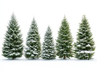 Fototapeta premium Five Evergreen Trees in Winter Snowscape Isolated on White Background for Festive Holiday Season