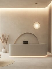 The minimalist lobby features a reception desk and ambient lighting