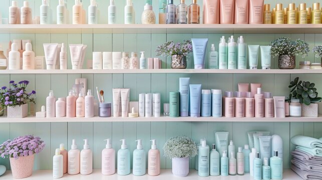 A vibrant arrangement of skincare and beauty products showcases a variety of pastel colored bottles and containers on neatly arranged shelves, creating a calming shopping atmosphere.