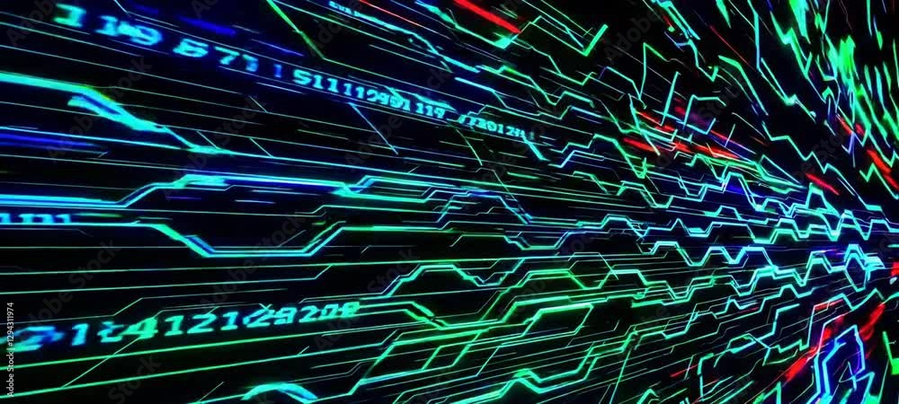 Poster futuristic neon circuitry: dynamic digital data flow in a cyber matrix