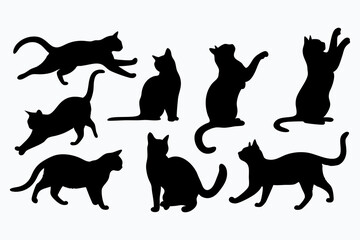 Cats black set, Cat silhouette set, black cats in different poses, Cat Illustration Vector Art & Graphics, Isolated on White Background