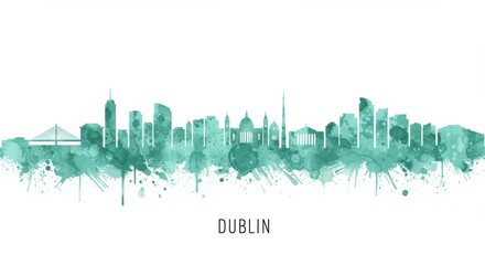 Obraz premium Watercolor skyline art of dublin city with iconic landmarks silhouette