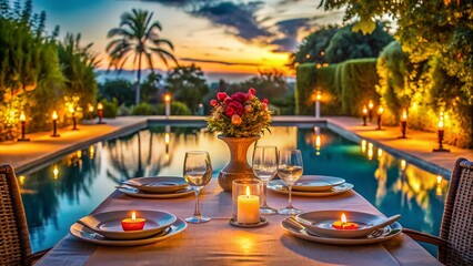 Romantic Poolside Dinner: Panoramic View of a Beautifully Set Table with Warm Lighting