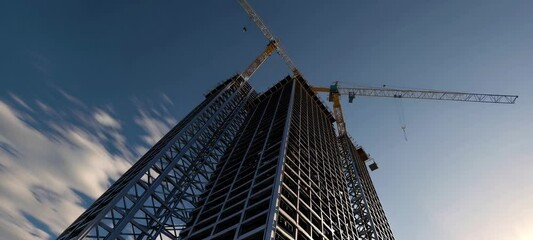 Dynamic urban construction timelapse featuring tower crane and skyscraper against dramatic sky