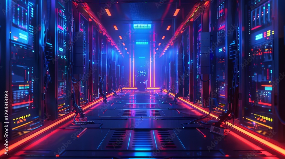 Poster A long corridor in a modern data center is illuminated with colorful neon lights and filled with rows of servers. The atmosphere is electric and energizing, reflecting advanced technology.