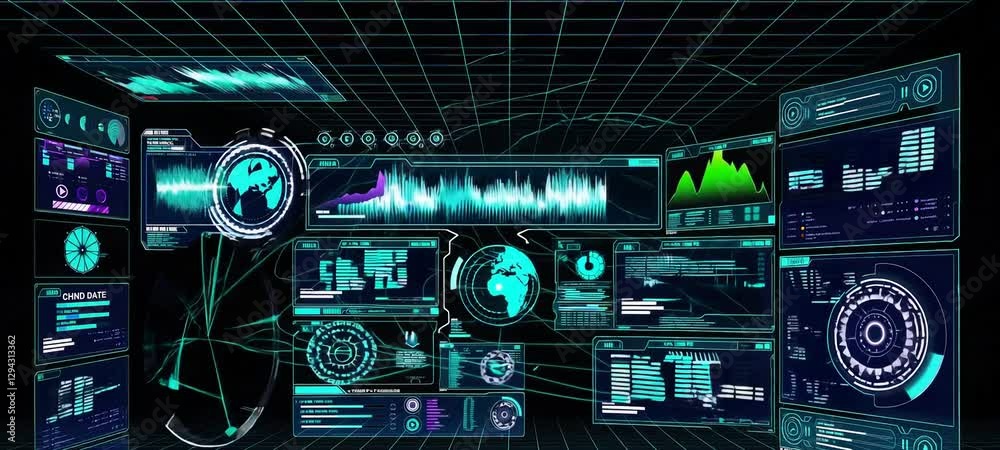 Aufkleber advanced futuristic interface displays global data in hightech command center