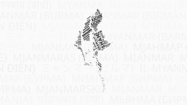 Myanmar intro animation. Country with regions illustration video. Background with country names in various languages. Regions of Myanmar animation. Amazing video.