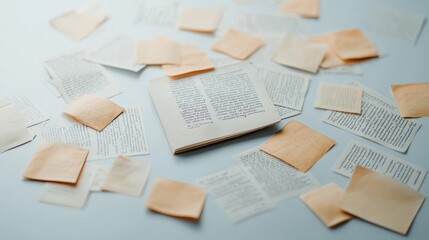 Obraz premium Vintage Papers, Open Book, and Sticky Notes on a Light Background
