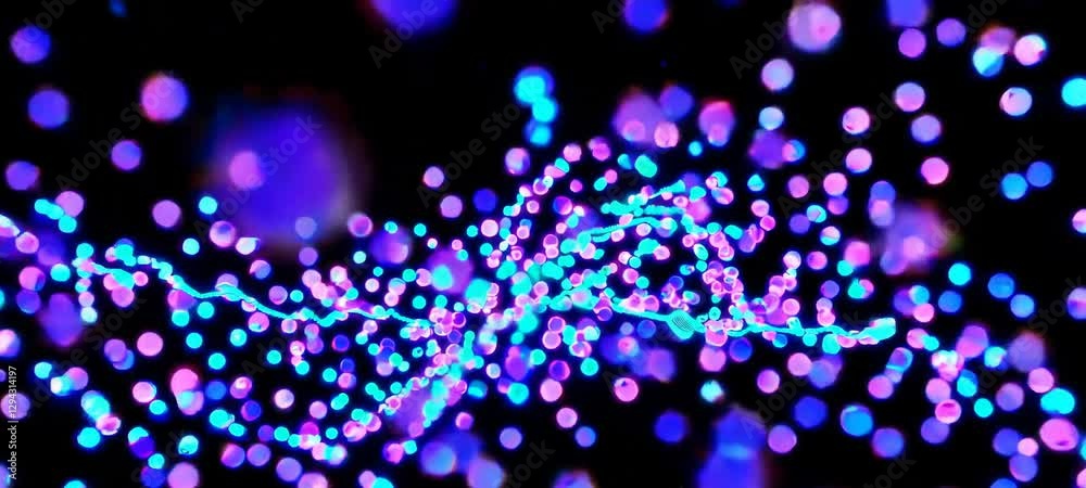 Poster dynamic neon particle waveforms in motion across a dark background