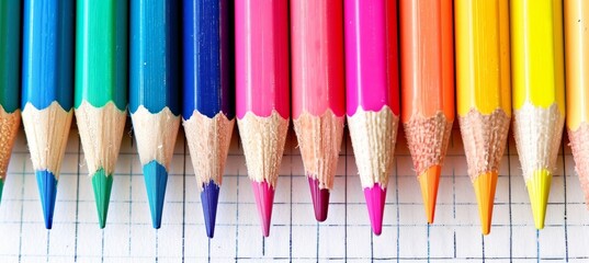 Vibrant Colored Pencils Arranged Neatly on White Graph Paper, Back to School, Art Supplies