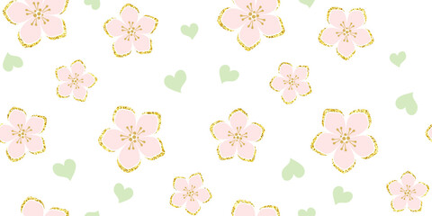 Pink flowers with five petals and gold glitter texture on a white background with pale green hearts. Floral endless texture. Vector seamless pattern for greeting card, wrapping paper, giftwrap, print