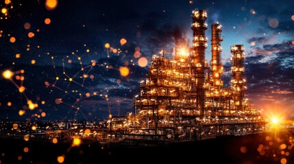 Obraz premium Illuminated petrochemical refinery complex with towering storage tanks and chimney stacks against a dramatic night sky with glowing lights and reflections in the cityscape below