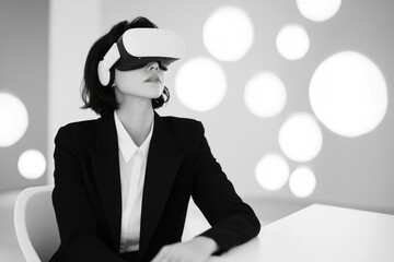 Businesswoman wearing a VR headset, exploring virtual reality in a modern office setting.