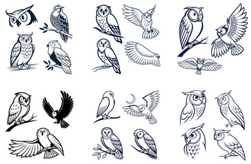 Minimalist Line Art Owl Silhouette &ndash; Elegant Nocturnal Bird Vector for Logos and Prints. set bundle. set bundle