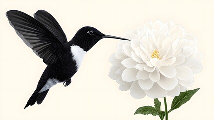 A close up dynamic of a hummingbird hovering near a delicate white flower rendered in a detailed sketch like pen and ink style